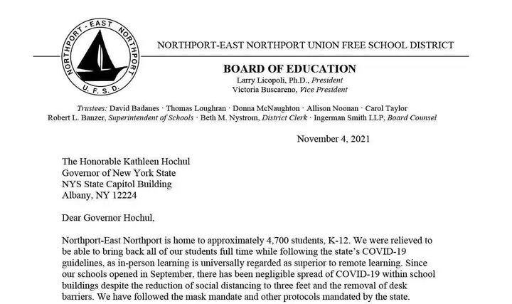 Board of ed crafts letter to Governor Hochul advocating for optional masking in schools